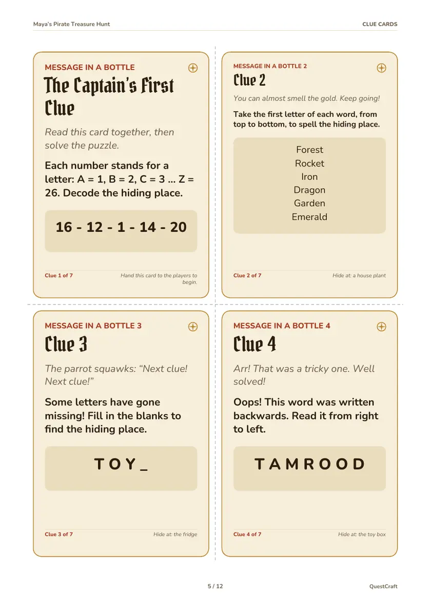 Page of four clue cards with dashed cut lines