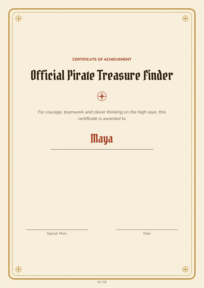 Certificate page awarded to the treasure finder