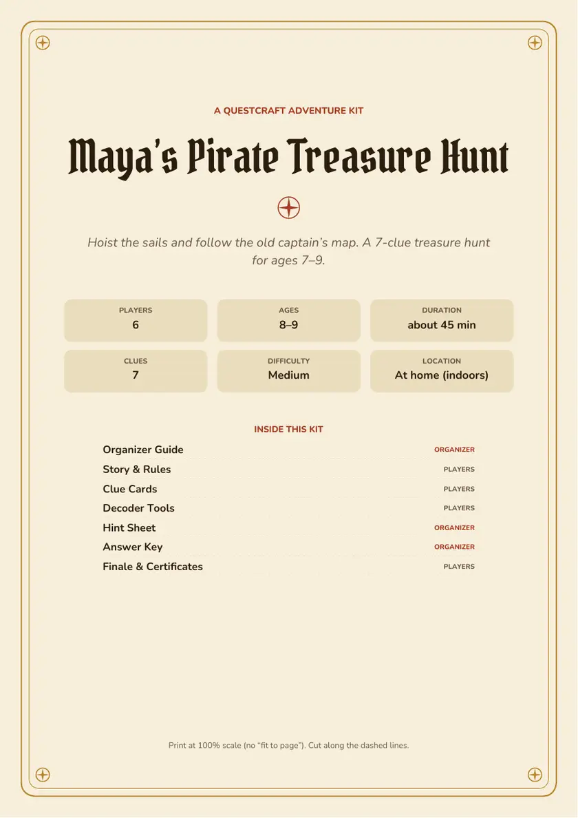 Cover page of a pirate treasure hunt kit